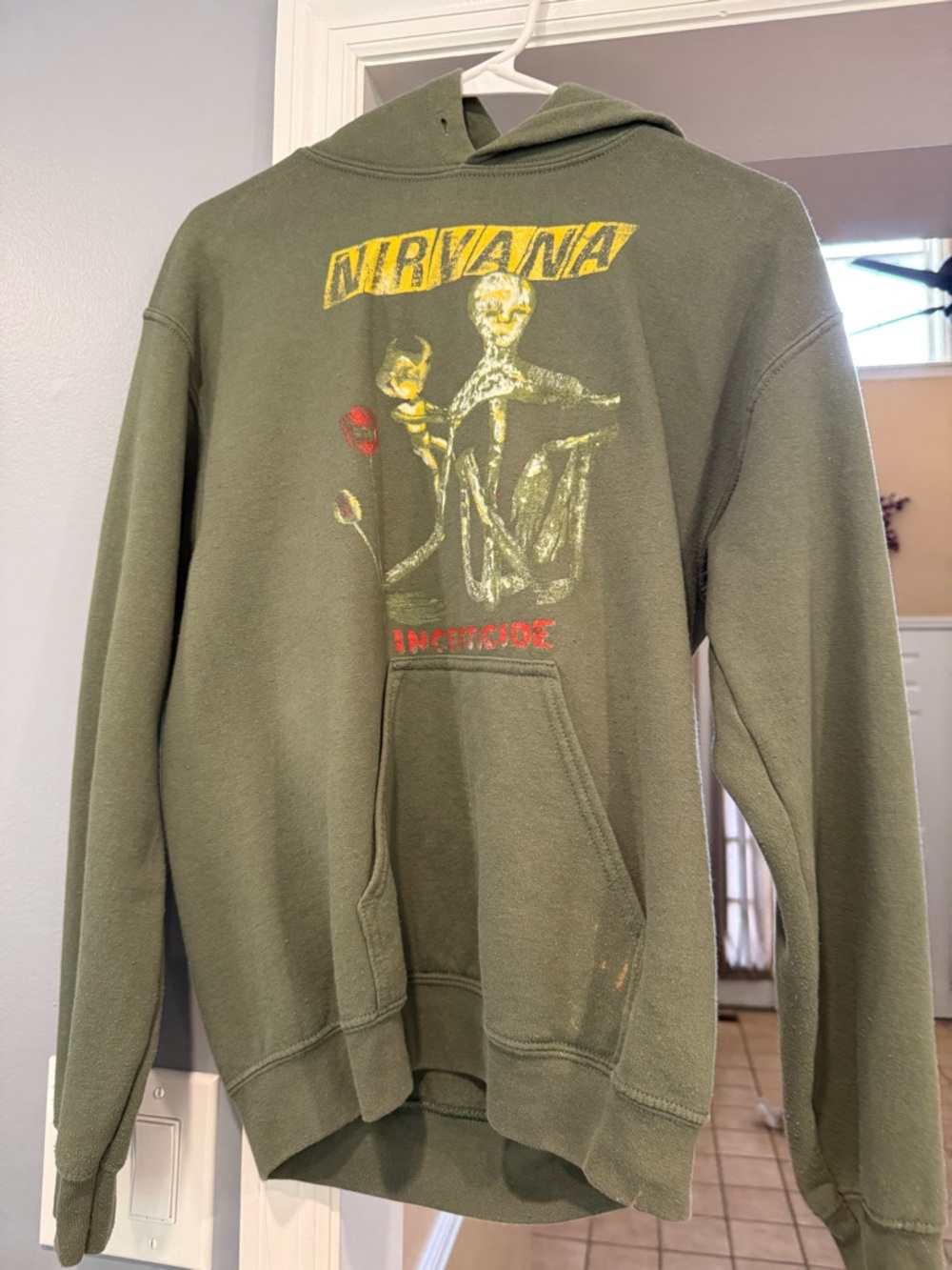 NIRVANA Olive Green Crewneck Hoodie with Yellow & Red Graphic